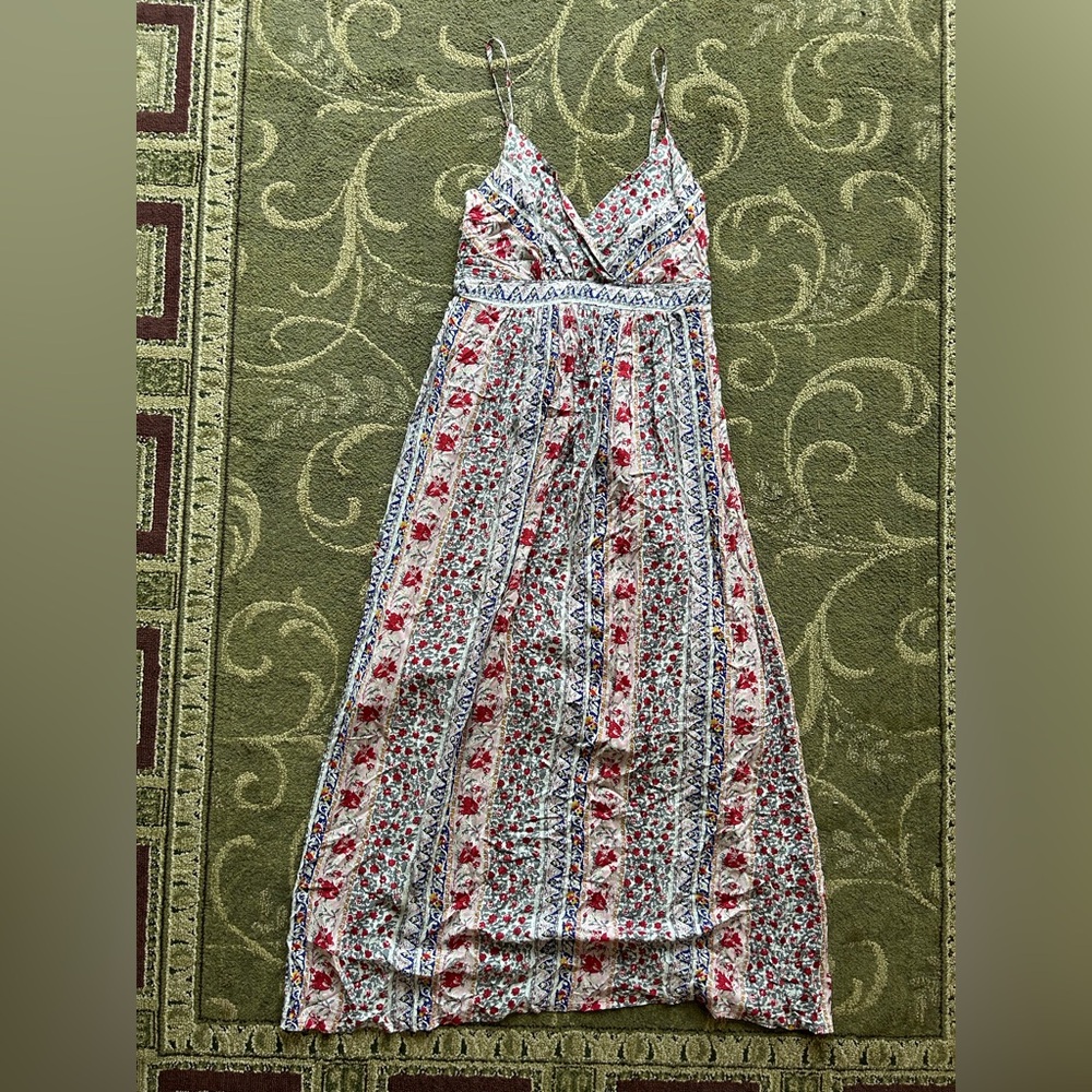 Romy Floral Lined Maxi Dress with Red and Blue Highlights